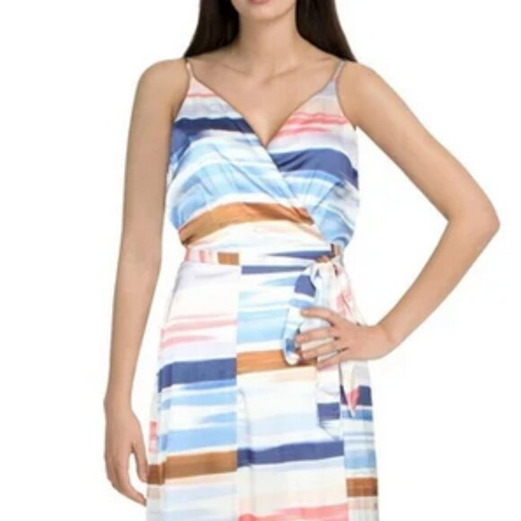 Hutch Satin Printed Sleeveless Midi Wrap Dress Bright Watercolor Stripe - Picture 2 of 8